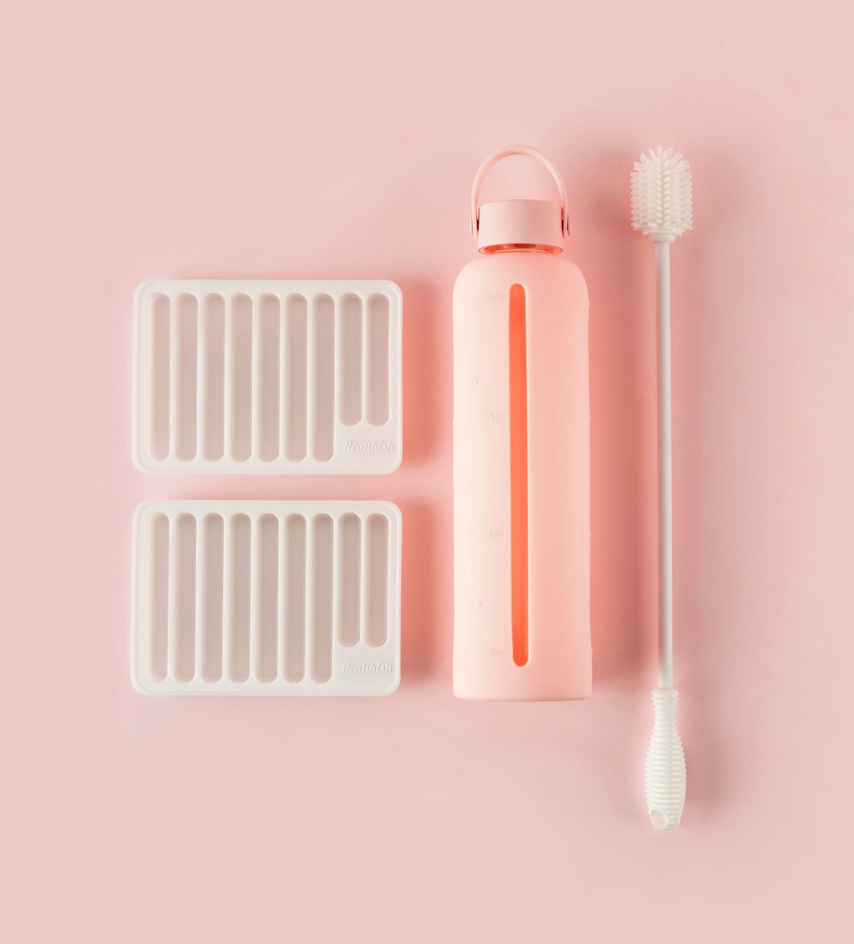 Pink Healthish Glass Water Bottle with Cleaner and Ice Cube Trays